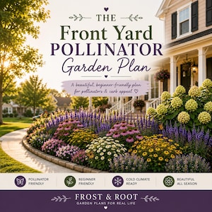 May include: A vibrant garden plan for a front yard, featuring a variety of colorful flowers and plants. The image includes text that reads "The Front Yard Pollinator Garden Plan" and highlights features like being pollinator-friendly and beginner-friendly.