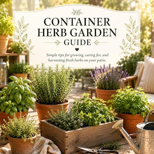 May include: A container herb garden guide featuring various potted herbs, including basil, rosemary, and lavender. The image displays a wooden crate and terracotta pots filled with fresh herbs, along with text that reads "CONTAINER HERB GARDEN GUIDE".