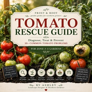 May include: A Tomato Rescue Guide book cover featuring red and green tomatoes on vines. The text reads: Frost & Root, Tomato Rescue Guide, Diagnose, Treat & Prevent 30+ Common Tomato Problems, For Zone 3-5 Gardens, By Ashley, Landscape Designer.
