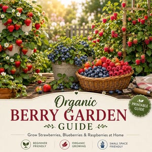 May include: An image showcasing an organic berry garden with strawberries, blueberries, and raspberries. The scene includes tiered strawberry planters, blueberry bushes in metal pots, and a wicker basket overflowing with berries. The image also features a guide with the title "Organic Berry Garden Guide."