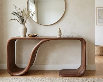 Modern Sculptural Walnut Console Table - Handcrafted Curved Wood Entryway Table