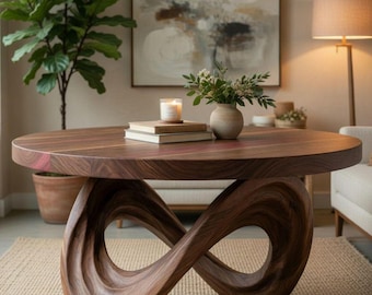 Soffbord i trä med Infinity Loop, modernt skulpturalt mittbord, handgjort vardagsrumsbord i valnöt