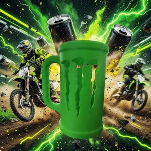 May include: A vibrant green mug with the Monster Energy logo, featuring a handle and claw-like design. The image includes motocross riders on dirt bikes, energy drink cans, and green lightning effects, creating a dynamic and energetic scene.