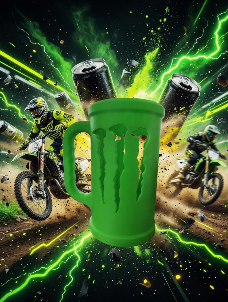 May include: A vibrant green mug with the Monster Energy logo, featuring a handle and claw-like design. The image includes motocross riders on dirt bikes, energy drink cans, and green lightning effects, creating a dynamic and energetic scene.