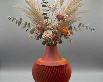 3D Printed Ribbed Gradient Vase – Orange Pink Yellow Decor (10 Inch Tall)