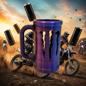 May include: A large, purple and blue mug with the Monster Energy logo, featuring a motocross theme. The mug has a textured finish and is surrounded by black energy drink cans and dirt bikes in action.