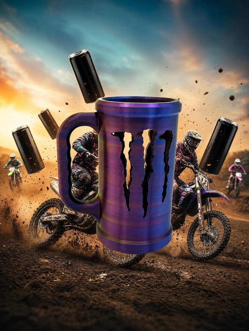 May include: A large, purple and blue mug with the Monster Energy logo, featuring a motocross theme. The mug has a textured finish and is surrounded by black energy drink cans and dirt bikes in action.