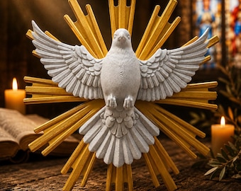 3D Printed Holy Spirit Dove with Golden Sunburst – Christian Religious Decor (9 Inch)