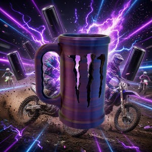 May include: A digitally enhanced image featuring a large, purple and blue beer mug with the Monster Energy logo. The background shows motocross riders, energy drink cans, and electric purple and blue lightning bolts, creating a dynamic and energetic scene.