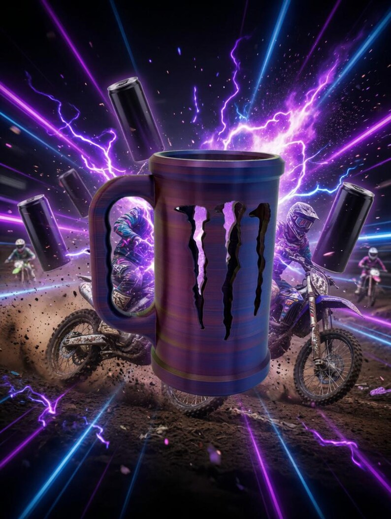 May include: A digitally enhanced image featuring a large, purple and blue beer mug with the Monster Energy logo. The background shows motocross riders, energy drink cans, and electric purple and blue lightning bolts, creating a dynamic and energetic scene.