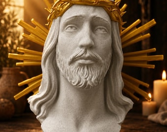 Sacred Jesus Bust Sculpture | 3D Printed Christian Decor, Gold Crown, Halo