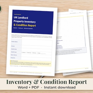 May include: A printed UK Landlord Property Inventory & Condition Report document featuring a dark blue header, white background, and sections for property address, postcode, inspection date, type, reference, and preparer details.