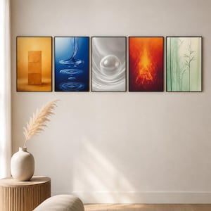 May include: Five framed art prints with abstract designs. The prints feature images of stacked blocks, water ripples, a sphere, fire, and bamboo. Each print has a black frame and is displayed on a neutral-colored wall.