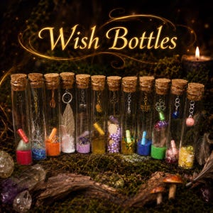 May include: A collection of twelve clear glass cylindrical vials with cork stoppers, each containing unique items like coloured sand, small charms, crystals, and rolled paper scrolls. The text Wish Bottles is displayed in gold script above the vials.