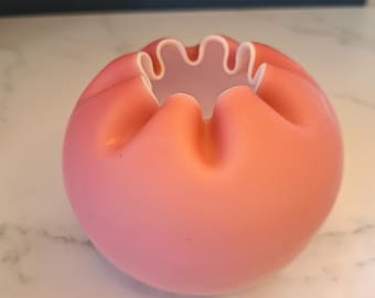 Vintage 1970s Fenton Pink Satin Rose Bowl Hand blown Vase