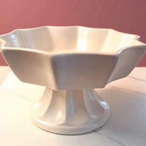 May include: A white ceramic pedestal bowl featuring a scalloped, multi-sided rim and a fluted base. The bowl has a smooth, glossy finish and a wide, open top, providing a structured, geometric appearance with clean lines and a solid, neutral color.