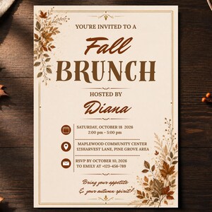 May include: A rectangular invitation card with a cream background and brown text reading Fall Brunch hosted by Diana. It includes event details for Saturday, October 18, 2026, at Maplewood Community Center, with autumn leaf illustrations.