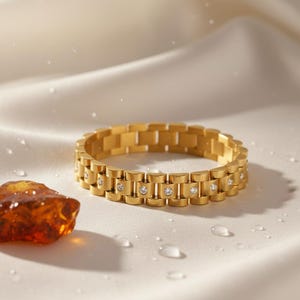 Imperial "Monaco"-länkarmband | 18K guld PVD rostfritt stål | Vattentätt kristallarmband i klockarmbandsstil