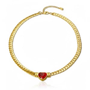 May include: A gold-toned chain necklace featuring a flat curb link design. The necklace includes a central heart-shaped pendant with a faceted red stone. It is finished with a lobster claw clasp and an adjustable extender chain at the back.