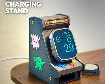Retro Arcade Watch Charging Stand | 3D Printed Gamer Desk Accessory, Cable Mgmt, Coin Box