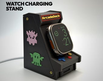 Retro Arcade Watch Charging Stand | 3D Printed Gamer Desk Accessory, Cable Mgmt, Coin Box