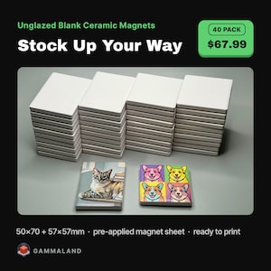 May include: A bulk set of unglazed blank ceramic magnets in rectangular and square shapes. The collection includes stacks of plain white tiles alongside two finished examples featuring a cat illustration and a colorful four-panel dog portrait.