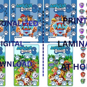 Puede incluir: Tableros de fichas de Paw Patrol digitales e imprimibles con fondo azul y detalles de huellas de patas. Los tableros presentan los personajes de Paw Patrol y el texto "Personalizado", "Descarga digital", "Imprime y lamina en casa".