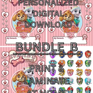 Puede incluir: Descarga digital rosa con personajes de Paw Patrol, un tablero de fichas y el texto "Evelyn's Personalized Digital Download". Incluye un paquete de insignias de Paw Patrol. El diseño es imprimible y laminable en casa.