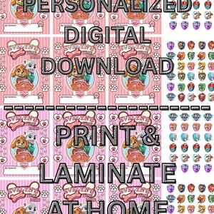 Puede incluir: Descarga digital rosa con personajes de Paw Patrol. El diseño incluye el texto "Evelyn's Token Board" y "Personalized Digital Download Print & Laminate At Home". Incluye insignias de Paw Patrol.
