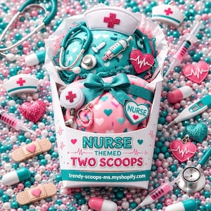 May include: A nurse-themed gift set with two scoops, featuring a teal and pink color scheme. The set includes a nurse's hat, stethoscope, syringe, and heart-shaped charms. The text "NURSE THEMED TWO SCOOPS" is visible on the container.