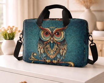 Owl Print Laptop Case Boho Sleeve Bag Crossbody Messenger Briefcase With Strap Handle