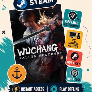 Könnte beinhalten: Ein digitales Spielcover für Wuchang: Fallen Feathers mit einem Krieger, der ein Schwert hält. Das Bild enthält Steam-Branding, Textetiketten für Offline-Aktivierung, PC-Digitalzugang sowie Hinweise, dass es sich weder um einen Schlüssel noch um einen Code handelt.