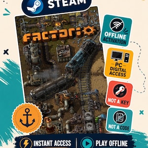Peut inclure: Une pochette de jeu numérique pour Factorio montrant un paysage industriel avec un train sur des rails. L'image contient les textes : Steam, Offline Activation, PC Digital Access, Not a Key, Not a Code, Instant Access et Play Offline.