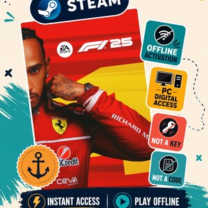 Può includere: Una copertina di gioco digitale per F1 25 con un pilota in tuta da corsa Ferrari rossa. L'immagine include il marchio Steam, icone per l'attivazione offline, accesso digitale PC e etichette di testo not a key, not a code, instant access, play offline.