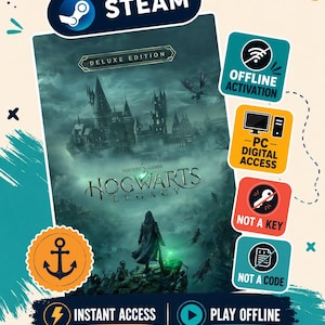 May include: Hogwarts Legacy Deluxe Edition video game cover art featuring a dark castle, a cloaked figure, and a flying dragon. Includes icons for Steam, offline activation, PC digital access, and text stating instant access and play offline.