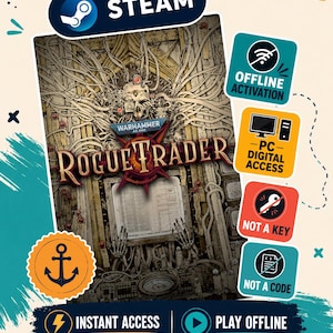 Könnte beinhalten: Ein Warhammer 40,000 Rogue Trader Spielcover mit einem Totenkopf und komplexen mechanischen Kabeln. Das Bild enthält Steam-Branding, Symbole für Offline-Aktivierung, PC-Digitalzugang sowie den Text instant access und play offline.