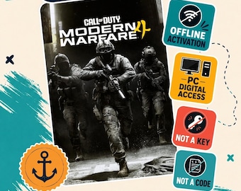 May include: A digital game product for Call of Duty Modern Warfare featuring three soldiers in tactical gear. The graphic includes Steam branding, icons for offline activation, PC digital access, and text stating instant access and play offline.