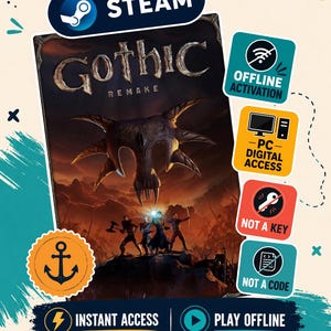 Puede incluir: Una portada de juego digital para Gothic Remake con una escena de fantasía oscura, un gran cráneo de criatura y cuatro figuras. Incluye etiquetas de texto para Steam, activación sin conexión, acceso digital a PC, no es una clave ni un código.