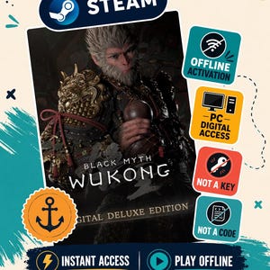 Puede incluir: Un listado de producto digital para Black Myth Wukong Digital Deluxe Edition en Steam. La imagen muestra un personaje con pelaje y armadura sosteniendo una calabaza, con iconos que indican activación offline, acceso PC y que no es una clave ni código.