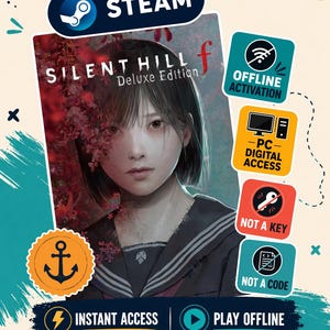 Puede incluir: Una portada del juego Silent Hill f Deluxe Edition con una persona de cabello oscuro corto y elementos florales rojos. La imagen incluye la marca Steam, texto para activación sin conexión, acceso digital a PC, no es una clave, no es un código.