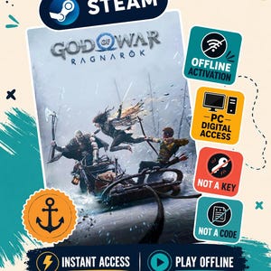 Può includere: Un elenco di prodotti digitali per God of War Ragnarök su Steam, con un'illustrazione centrale di personaggi su una slitta nella neve. Il testo include Steam, Offline Activation, PC Digital Access, Not a Key, Not a Code, Instant Access e Play Offline.