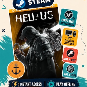 Puede incluir: Una portada de juego digital para Hell Is Us Deluxe Edition con una figura encapuchada y una espada brillante. La imagen incluye iconos de activación sin conexión, acceso digital para PC y texto que indica instant access y play offline.