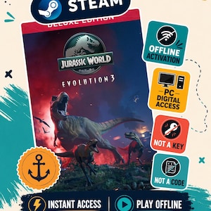 Puede incluir: Una portada del juego Jurassic World Evolution 3 Deluxe Edition con un dinosaurio grande y dos más pequeños en un paisaje oscuro y ardiente. La imagen incluye la marca Steam, iconos de activación sin conexión, acceso digital para PC y el texto instant access y play offline.