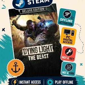 Puede incluir: Una portada de juego digital para Dying Light The Beast Deluxe Edition con un personaje sosteniendo una linterna y una hoja contra una criatura. Incluye iconos de activación sin conexión, acceso digital para PC y texto de acceso instantáneo.
