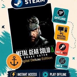 Puede incluir: Una portada de juego digital para Metal Gear Solid Delta: Snake Eater Digital Deluxe Edition con un retrato de Snake. El gráfico incluye la marca Steam, iconos de activación sin conexión, acceso digital para PC y texto de acceso.