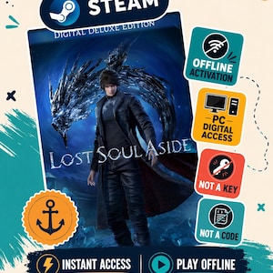 Peut inclure: Une pochette de jeu numérique pour Lost Soul Aside Digital Deluxe Edition montrant un personnage en manteau sombre devant une créature d'énergie bleue. Des icônes indiquent l'activation hors ligne, l'accès PC et l'absence de clé ou code.