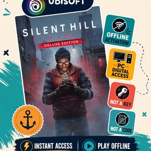 Puede incluir: Una portada de juego digital para Silent Hill Downpour Deluxe Edition con una persona con gorro y chaleco rojo mirando un dispositivo. La imagen incluye la marca Ubisoft, iconos de activación sin conexión, acceso digital para PC y texto de acceso instantáneo y jugar sin conexión.