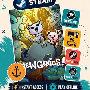 Può includere: Una copertina di gioco digitale per Mewgenics con gatti e mostri in stile cartoon. L'immagine include il marchio Steam, icone per l'attivazione offline, accesso digitale PC e testo che indica instant access e play offline.
