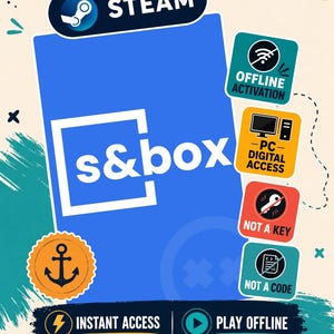 Pode incluir: Um gráfico retangular azul para s&box com o logótipo Steam, um ícone de âncora e quatro emblemas quadrados com as etiquetas Offline Activation, PC Digital Access, Not a Key e Not a Code. A barra inferior apresenta o texto Instant Access e Play Offline.