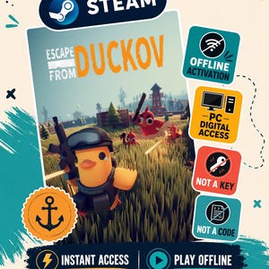 Pode incluir: Uma capa de jogo digital para Escape From Duckov com um pato amarelo em equipamento tático segurando um rifle em um campo de grama. A imagem inclui a marca Steam, ícones para ativação offline, acesso digital para PC e o texto instant access e play offline.